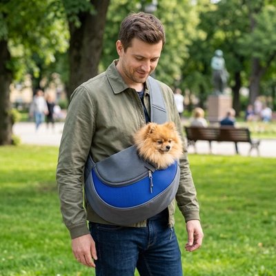 Sac de transport pour Chien homme portant son poméranien en bandouillère au parc
