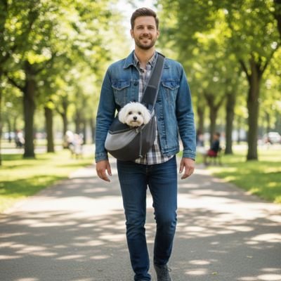 Sac de transport pour Chien homme se promenant avec son bochon en bandouillere