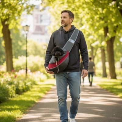 Sac de transport pour Chien homme se promenant dans un parc avec son chien en bandouillere