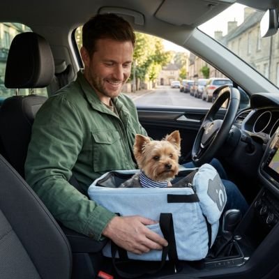 Sac de transport pour Chien homme transportant son chien dans la voiture