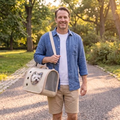 Sac de transport pour Chien homme transportant son bichon dans le sac de transport dans un  parc