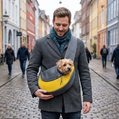 Sac de transport pour Chien homme transportant son yorkshire en bandouillère en ville