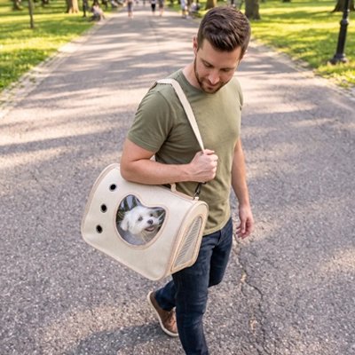 Sac de transport pour Chien homme transportant son bichon maltais dans le sac de transport beige