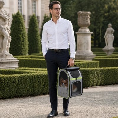 Sac de transport pour Chien homme transprotant son chien dans le sac de transport