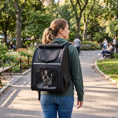 Sac de transport pour Chienfemme porant son chien sur son dos dans le sac de transport